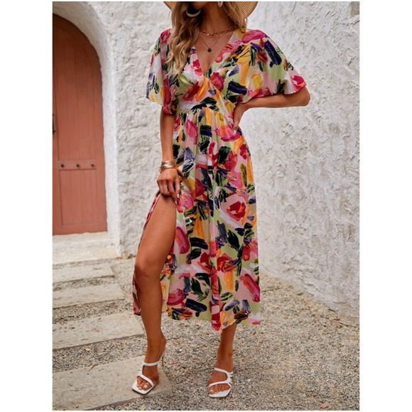 Boho Watercolor Split Thigh Maxi Dress - Picture 3 of 5